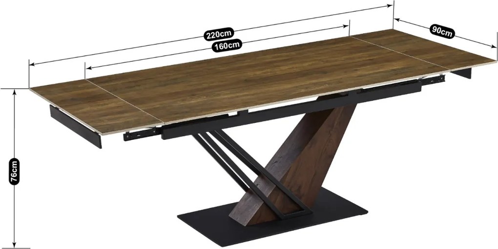 Kihúzható kerámia étkezőasztal 160–220 cm méretben, sötétbarna/fekete színben REX