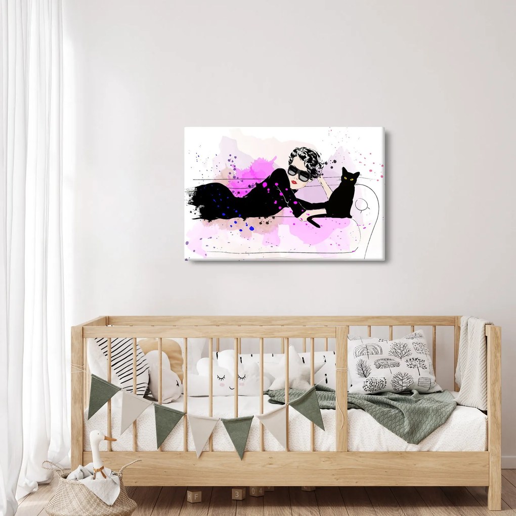 Kép - Nő egy fekete macskával (90x60 cm)