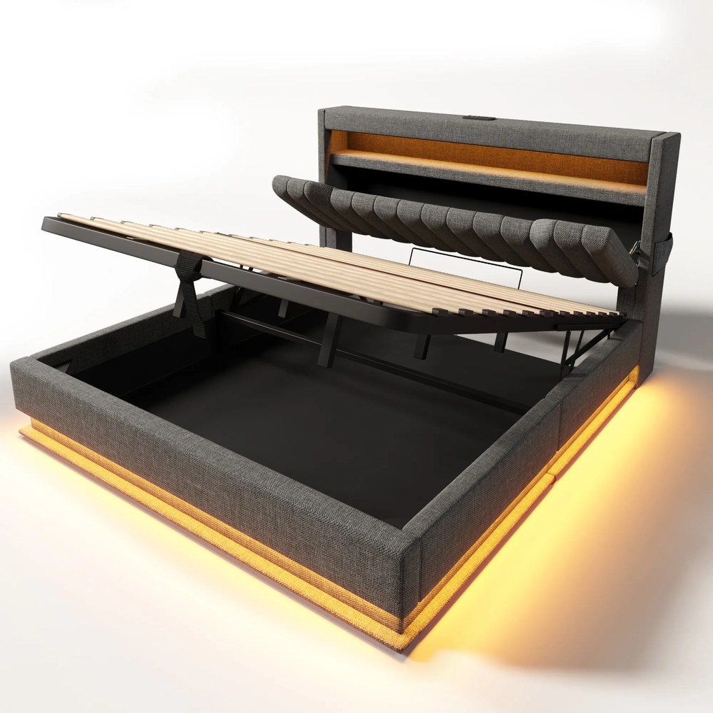 Kárpitozott ágy Hidraulikus dupla ágy Led Usb-c 180X200 CM szürke