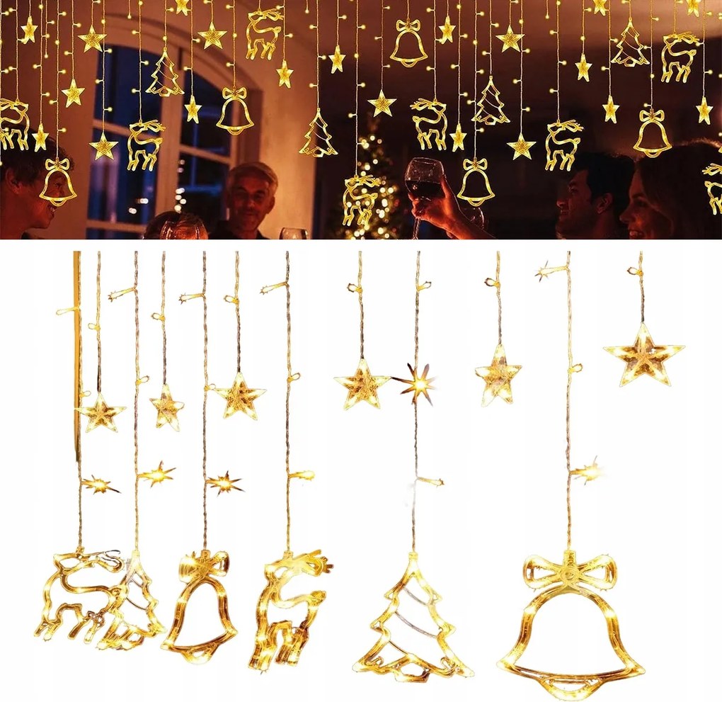 Karácsonyi fényfüggöny, 138LED Rénszarvas csillag, meleg fehér, 2.3m