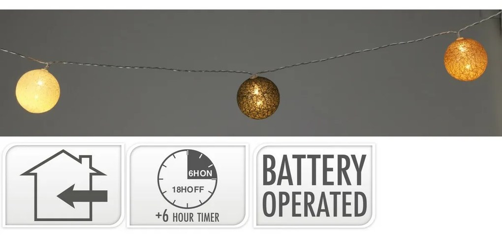 Raffia LED fénylánc, 360 cm, 12 gömb, átmérő 6 cm, időzítővel