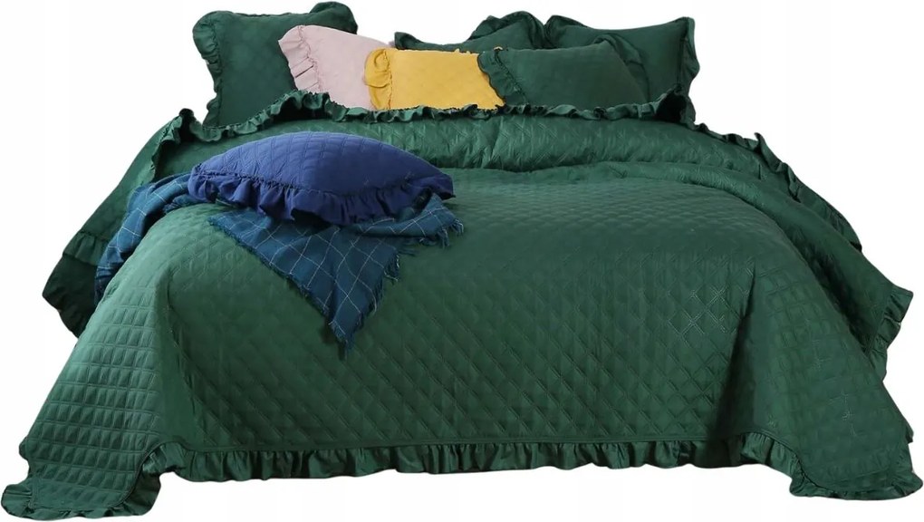 Dekoratív ágytakaró Ruffy 140x200 steppelt, fodros, üvegzöld