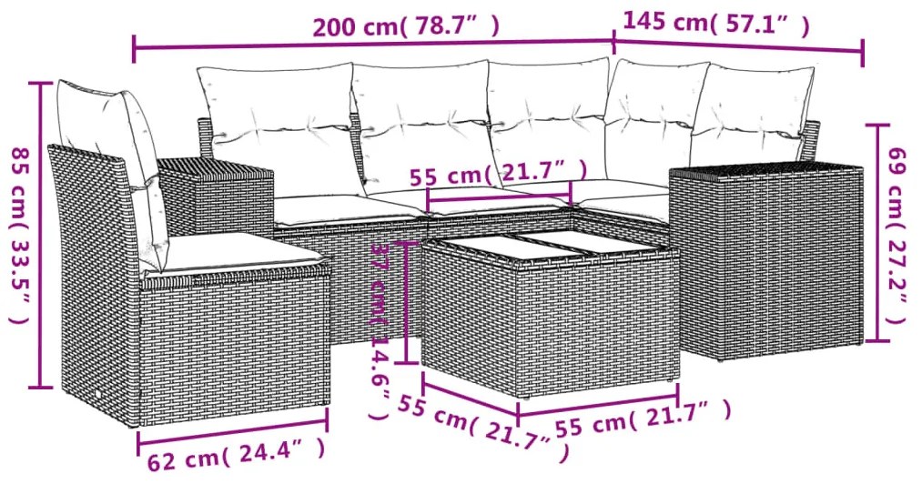 6 részes szürke polyrattan kerti ülőgarnitúra párnákkal