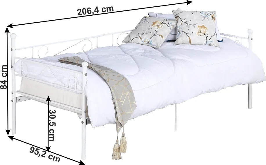 Fém kanapé - egyszemélyes ágy, fehér, 90x200, ROZALI