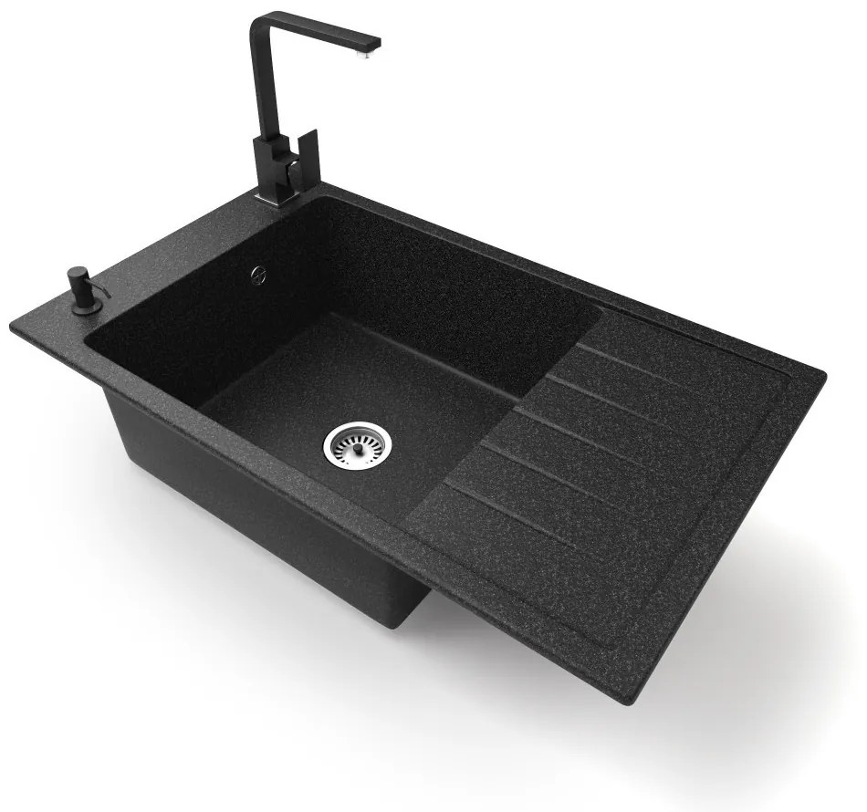 Gránit mosogató NERO Grande + Design csaptelep + adagoló (fekete)