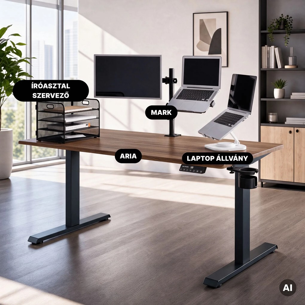 Elektromos íróasztal magasságállítással ergonomikus antracit/dió,1600x800 mm: ARIA