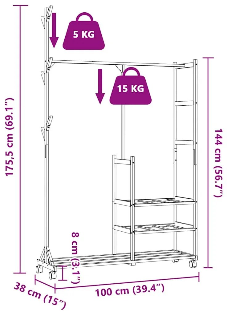 bambusz ruhaállvány polcokkal és kerekekkel 100x38x175,5 cm