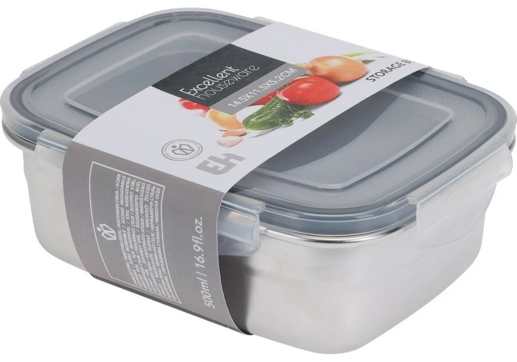 Excellent Houseware Rozsdamentes acél doza műanyagfedéllel 500 ml, 0,5 l