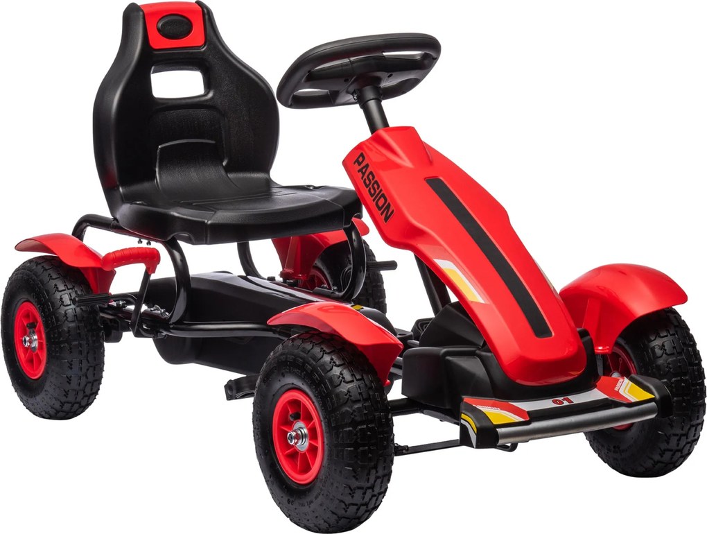 HOMCOM Pedálos Go-Kart 5+ Éves Gyerekeknek Állítható Üléssel, Gumikerékkel és Kézi Fékkel Max 50 kg-ig 121x58x61 cm Piros | Aosom