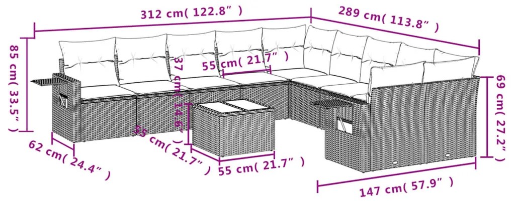 11 részes szürke polyrattan kerti ülőgarnitúra párnákkal