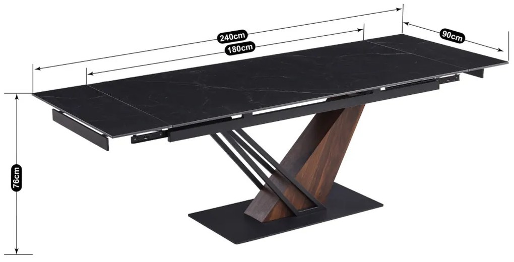 Fekete Márvány/Dió Színű Bővíthető Étkezőasztal. REX 2 180-240 cm