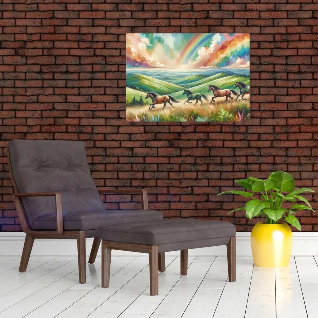 Üveg kép – Vágtázó lovak a tájban (70x50 cm)