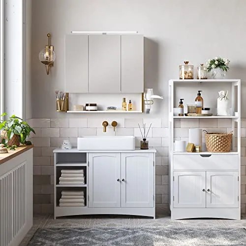 Fürdőszobai tükrös szekrény világítással, fehér-arany, 14,5×70×70 cm