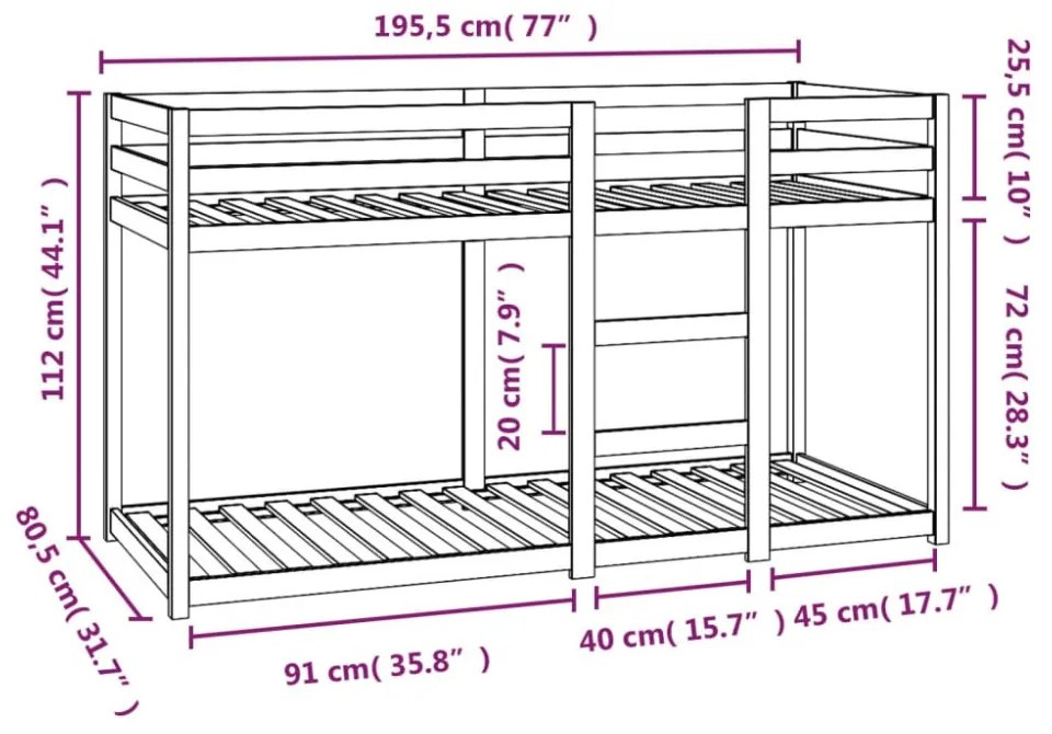 tömör fenyőfa emeletes ágy 75x190 cm
