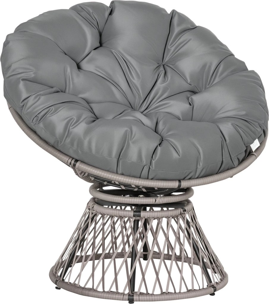 Outsunny Műratán Forgós Papasan Szék Ovális Wicker PE Szék Párnával és Acél Kerettel, 160 kg Teherbírás, Kert, Terasz 87x97x86 cm Szürke | Aosom