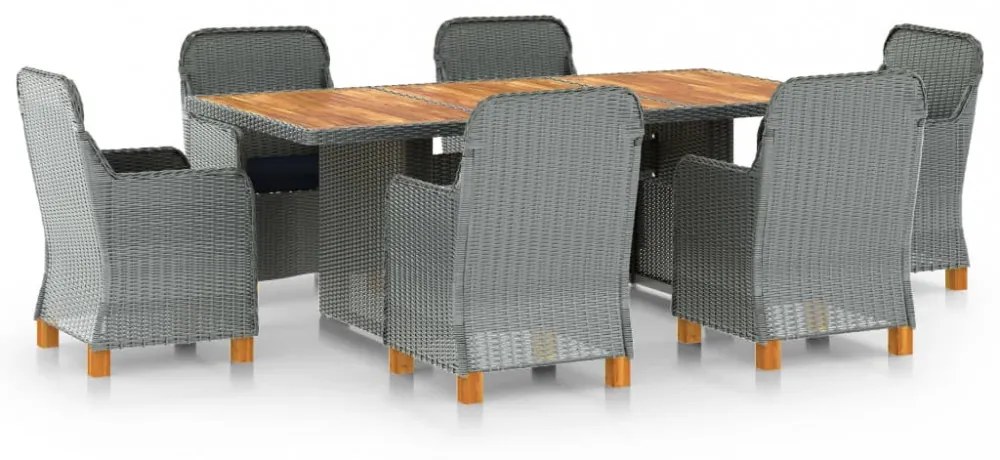 vidaXL 7 részes világosszürke polyrattan kültéri étkezőszett párnákkal