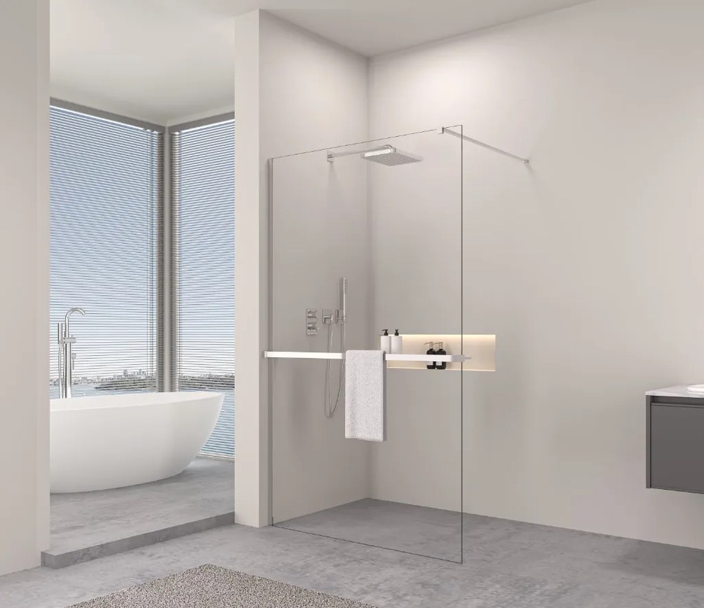 Erga Paris, Walk-In zuhany paraván 140x200 cm polccal és törülközőtartóval, 8 mm átlátszó üveg, króm profil, ERG-V02-PARIS-140x200-CL-CR-BAR