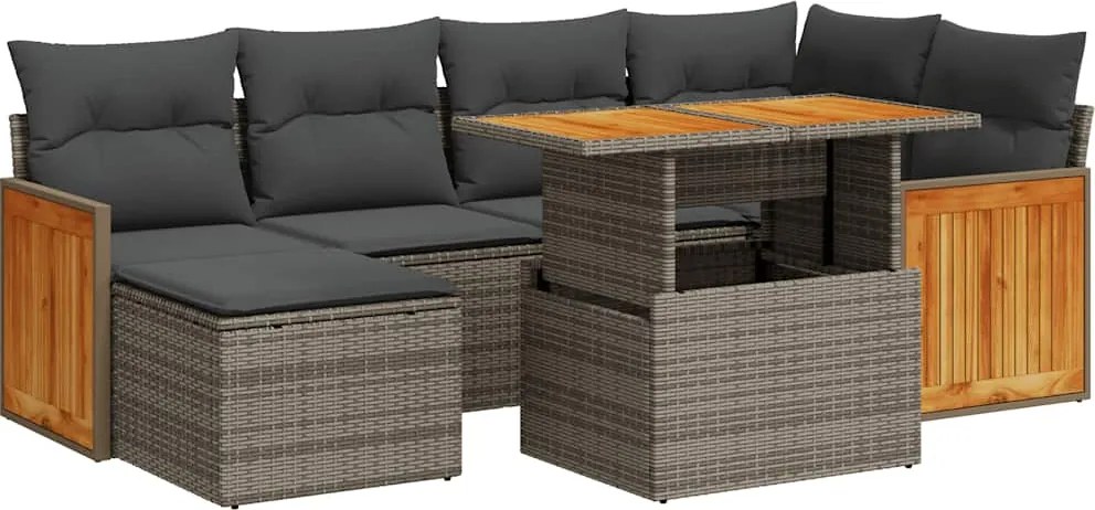 vidaXL 7 részes szürke polyrattan akácfa kerti ülőgarnitúra párnákkal