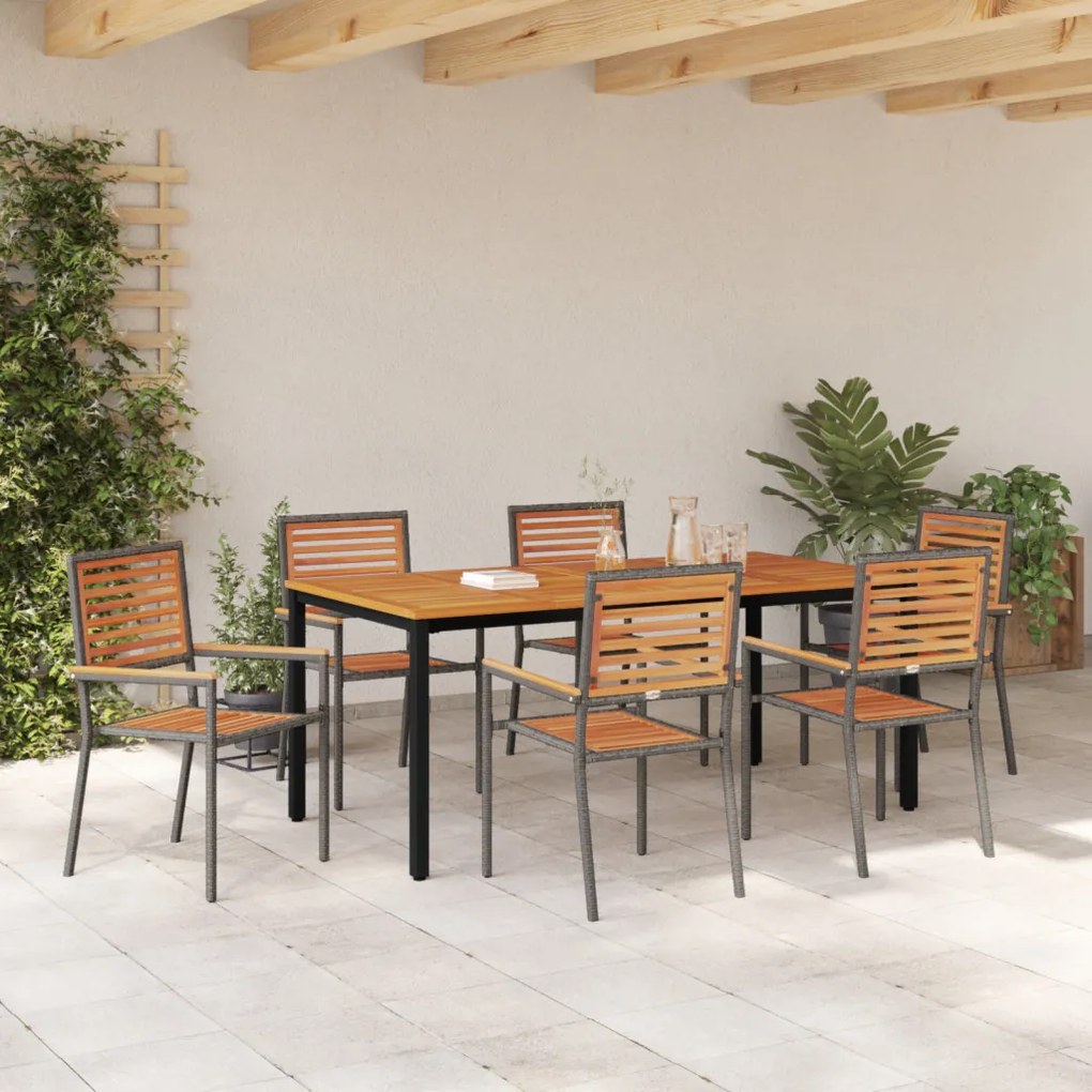 7 Darabos Kert Étkező Szett Szürke Polyrattan Akác, Összeépíthető Kerti Székek Párnákkal 2 db Szürke Polyrattan, Kerti Asztal 180x90x75 cm Szilárd Akác Fa és Fém