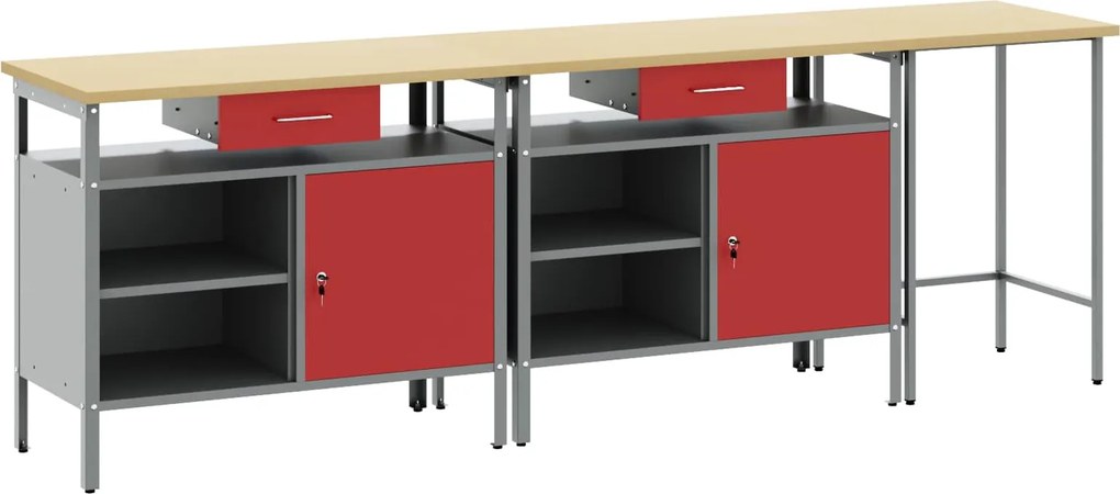 vidaXL Munkapad készlet fiókkal 3 pcs Piros és Szürke Porszórt acél