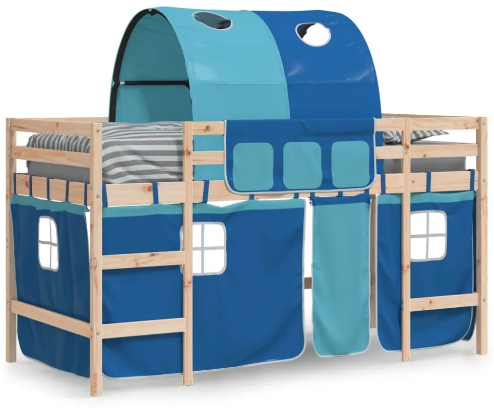 kék tömör fenyőfa gyerek galériaágy alagúttal 90 x 190 cm