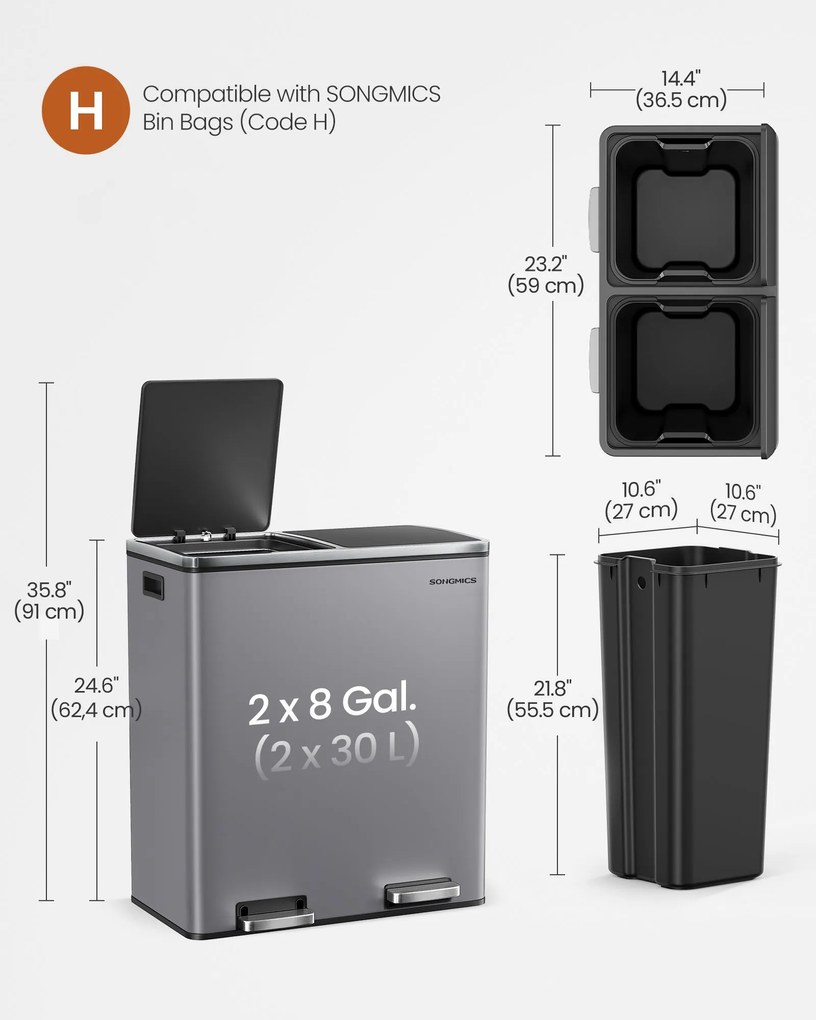 2 rekeszes pedálos recycling szemetes lágy záródással, szürke fém