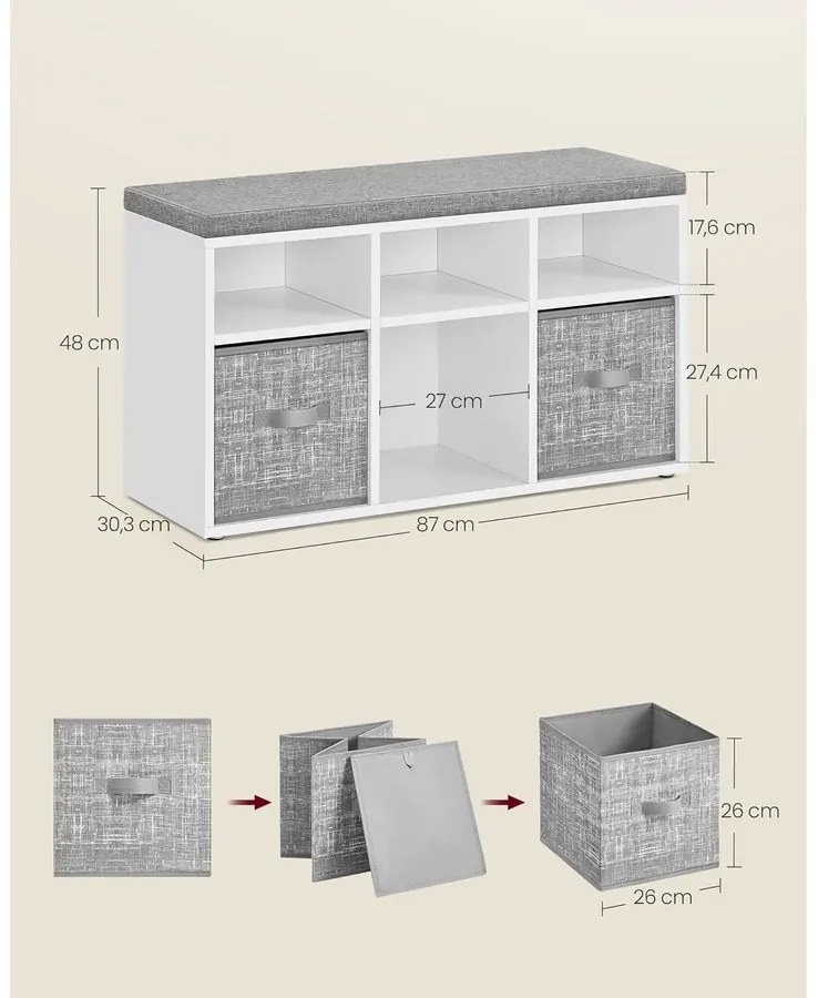Cipőpad ülés cipőrendező 6 rekesszel és 3 állítható polccal 3 tárolódobozzal, fehér- szürke
