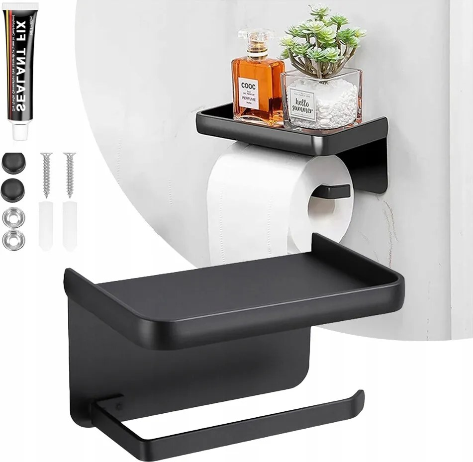 Wc-papír Tartó Telefontartó Polccal öntapadós Fekete Fém