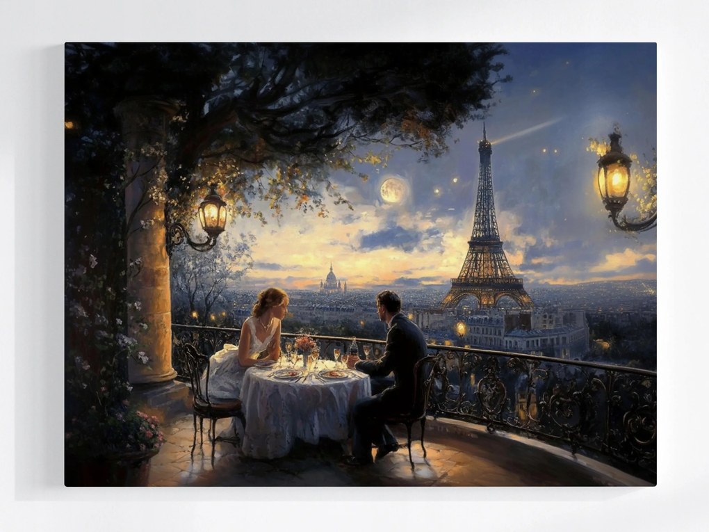 Vászonkép Canvas Párizs Torony Terasz Kilátás Pár Vacsora Este 80x60