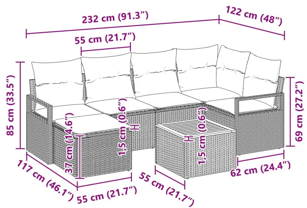 7 darabos Kert Kanapé Szett Párnákkal Bézs Poli Rattan Akácia, 2 személyes Kert Kanapé Párnákkal Bézs Poli Rattan