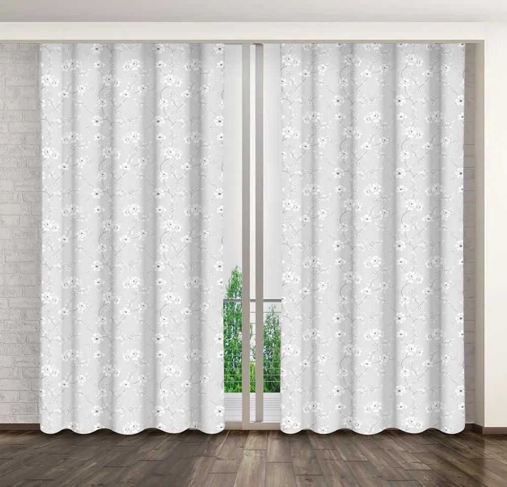 Romantikus szürke függöny gyűrődő szalagon, fehér virágok motívummal Hossz: 250 cm