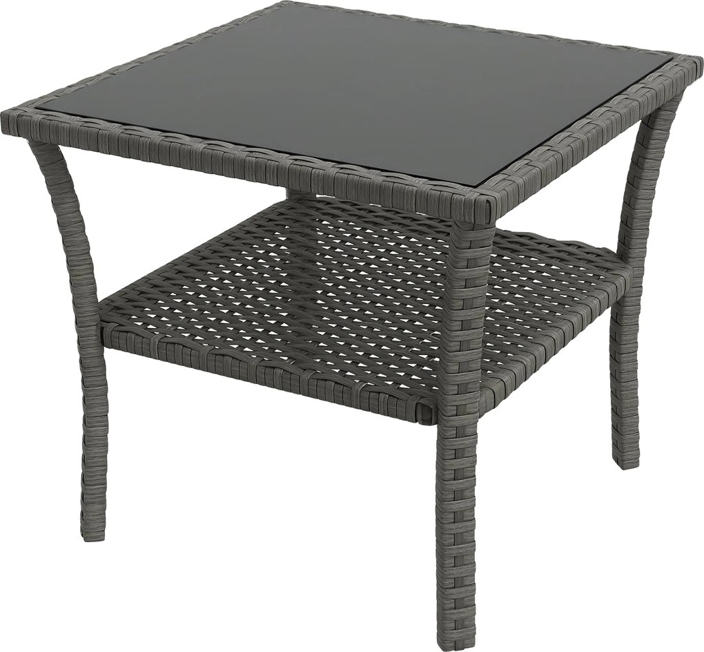 Outsunny Négyzetes Műrattan Kerti Asztal 50x50x45 cm Üveglappal és Galvanizált Acélvázzal 30 kg Teherbírással Teraszra és Sokóba - Szürke Átmenet | Ao