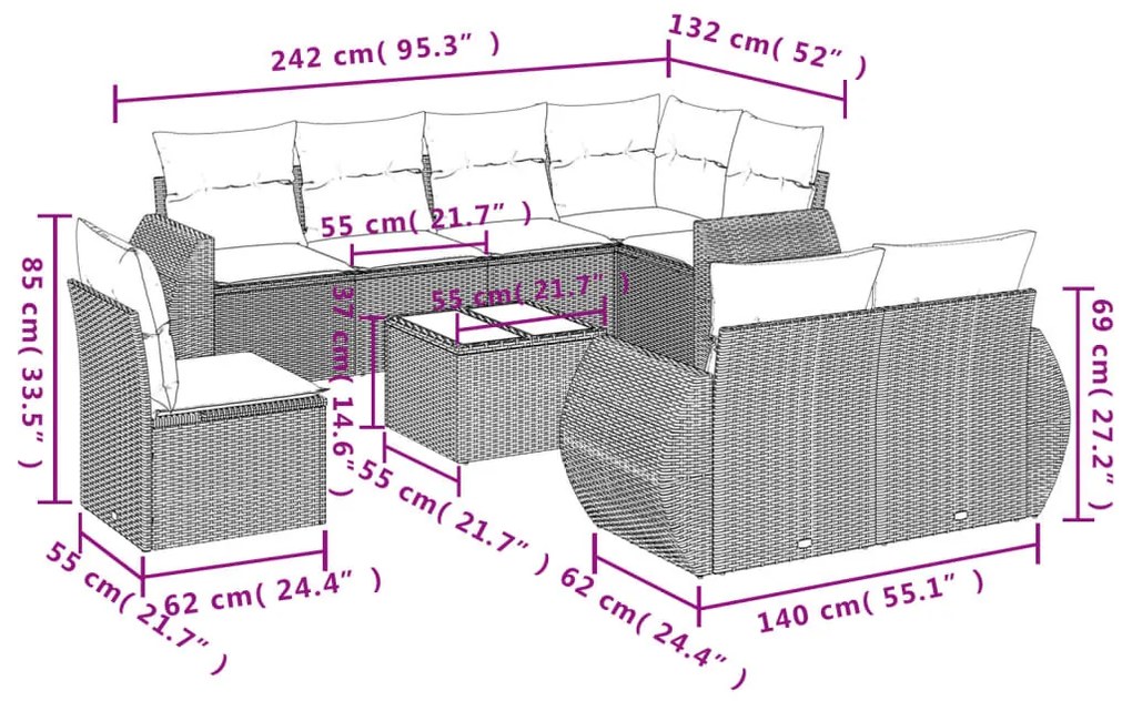 9 részes világosszürke polyrattan kerti ülőgarnitúra párnával