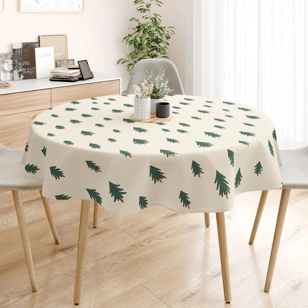 Goldea karácsonyi kör alakú terítő - extra erős 100% - os pamut - karácsonyfák bézs alapon Ø 160 cm