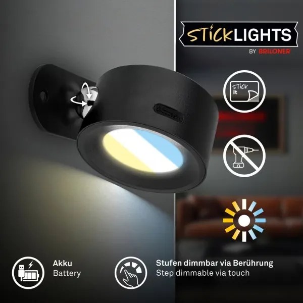 Briloner 3896015 - TARI LED újratölthető, fényerőszabályozható fali lámpa LED/1,6W/5V 1500 mAh fekete