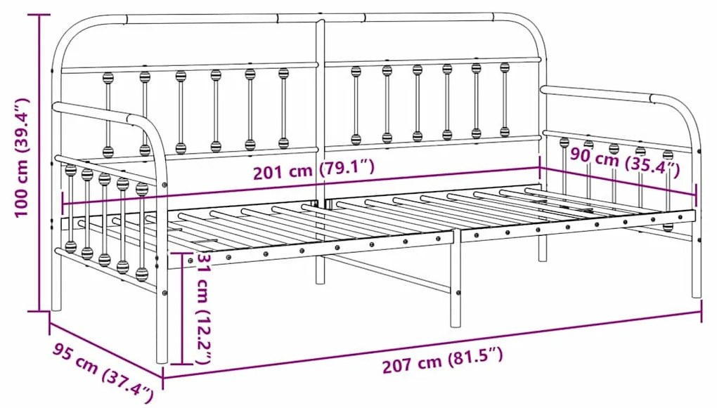 Nappali ágykeret fejtámlával Fehér 90 x 200 cm Acél