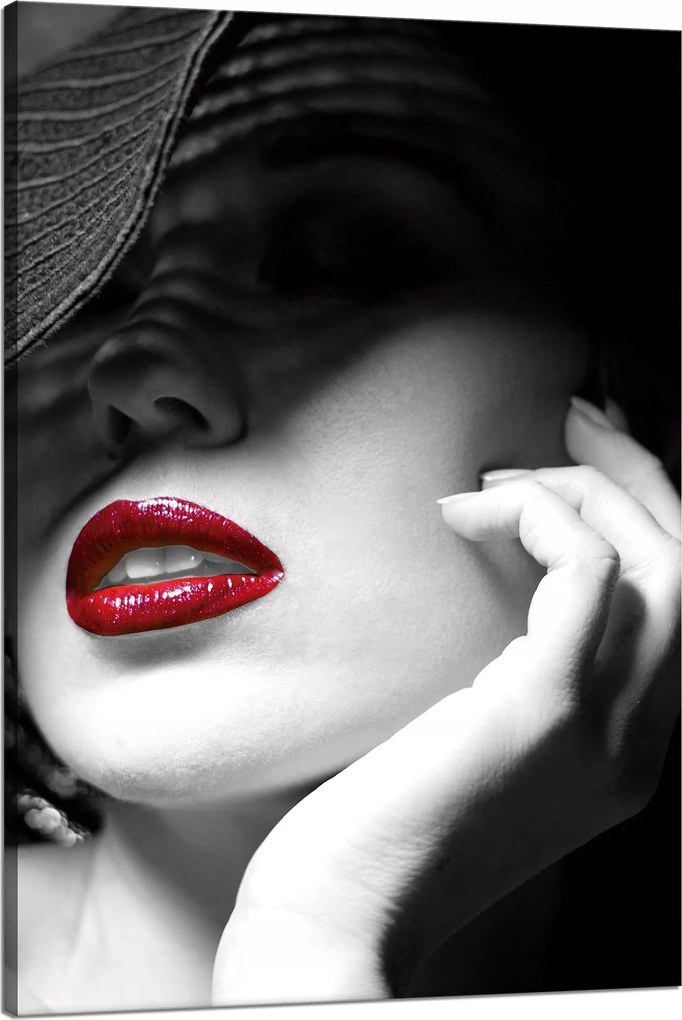 Vászonkép Piros Száj Nők Fekete Kalap Elegancia 80x120 cm