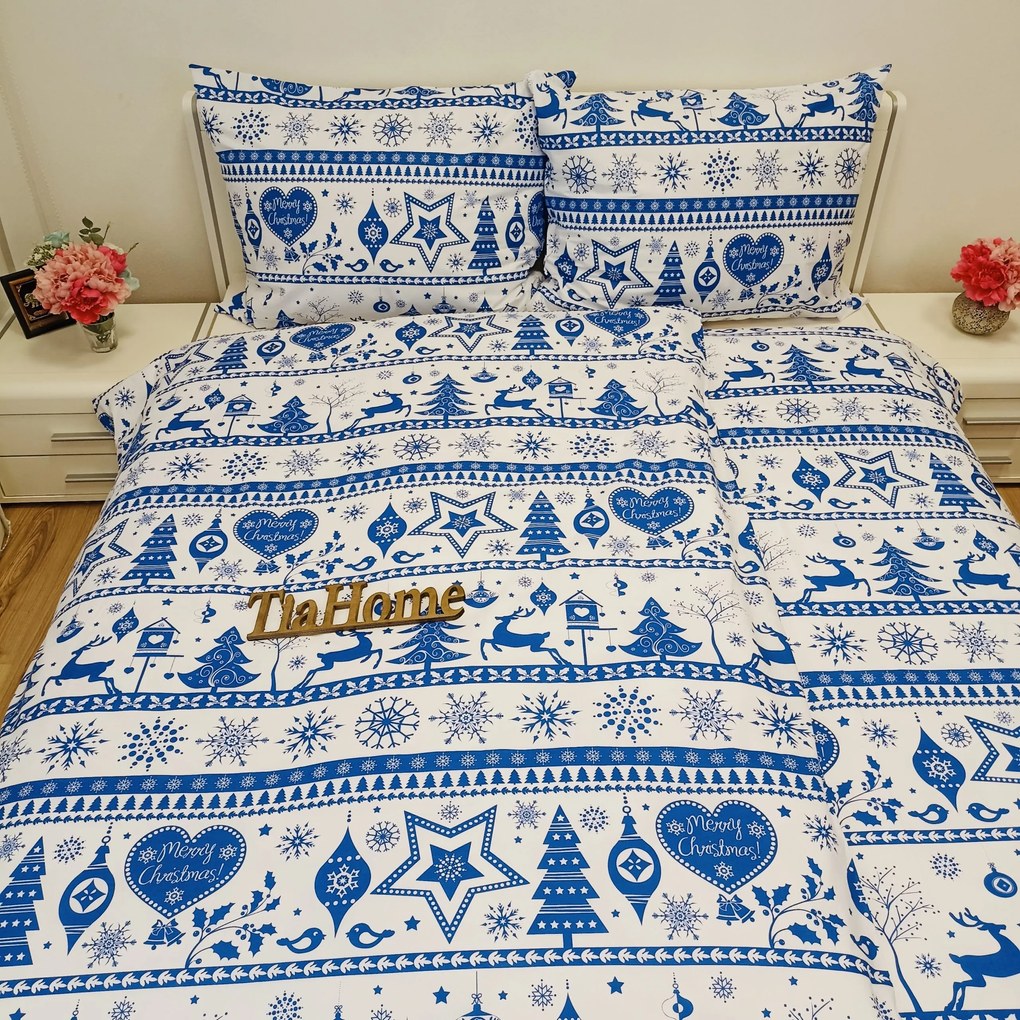 Pamut lepedők Karácsonyi lepedők Rénszarvas fehér-kék TiaHome - 1x Párna 90x70cm, 1x Paplan 140x200cm