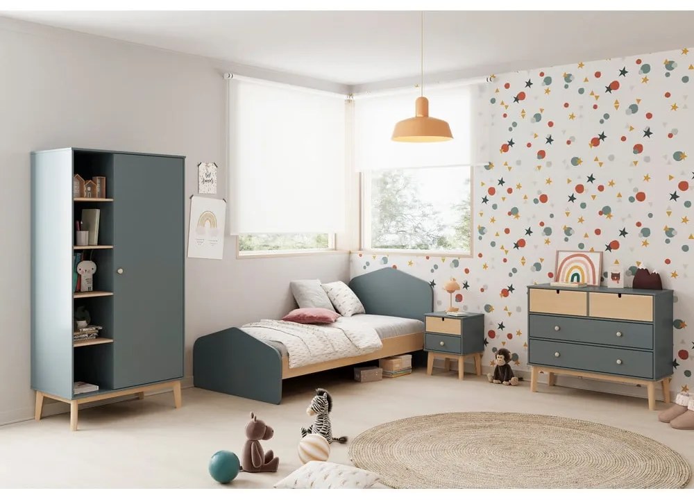 Natúr színű-szürkészöld gyerekágy ágyráccsal 90x190 cm borovi fenyő dekorral Estefania – Marckeric