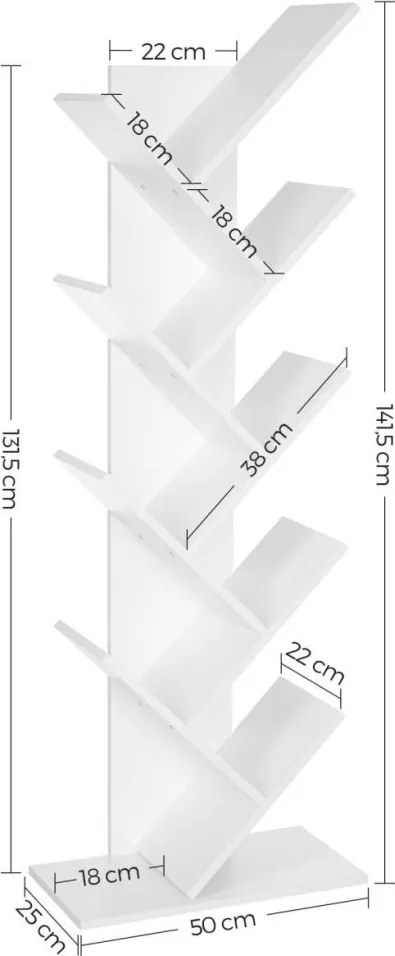 Könyvespolc, állópolc, fehér 50x25x141cm