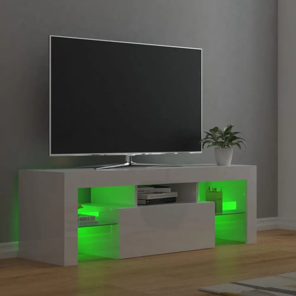 magasfényű fehér TV-szekrény LED-lámpákkal 120 x 35 x 40 cm