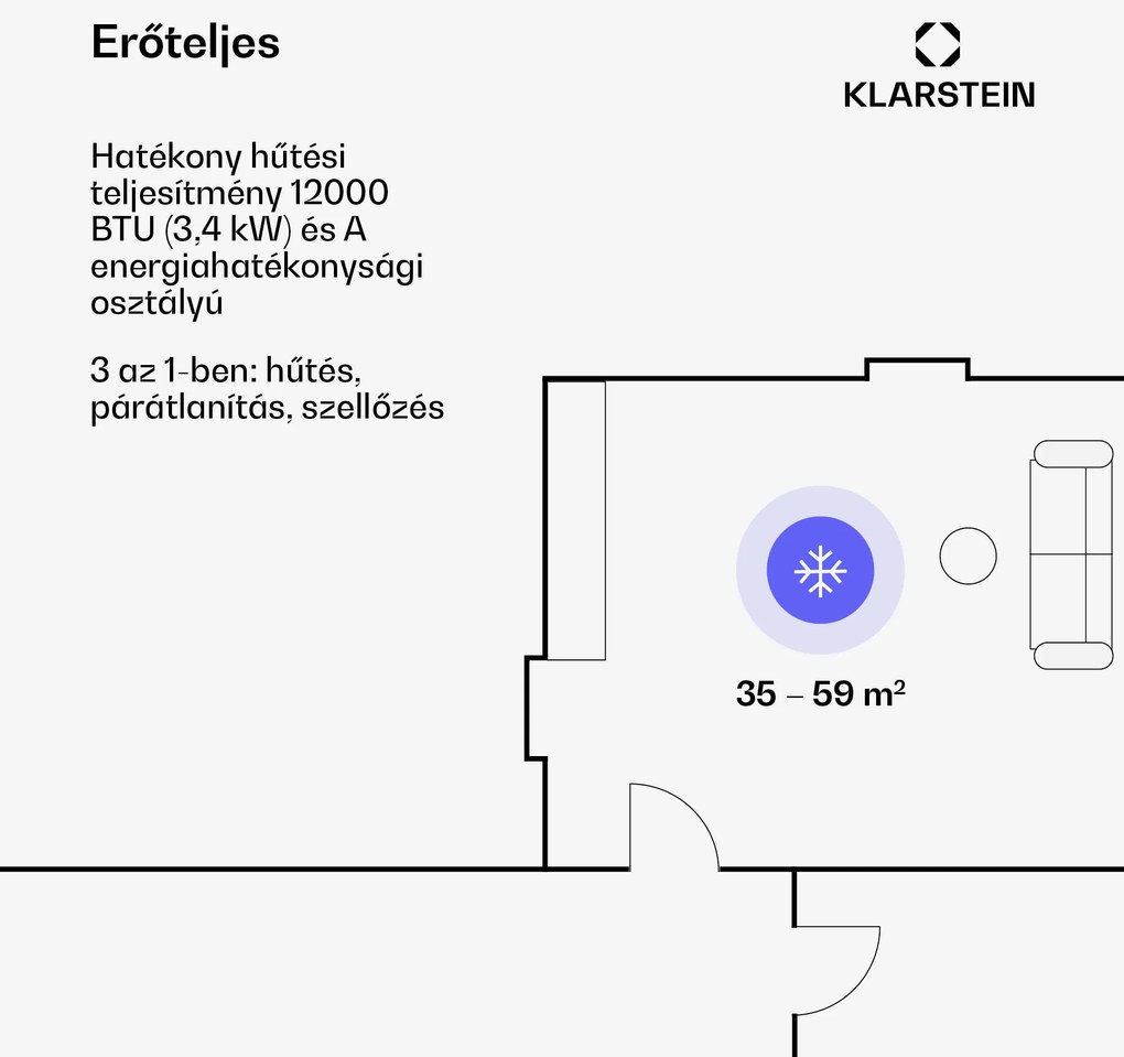 Kraftwerk Smart 12K, mobil klíma, 3 az 1-ben, 12 000 BTU, irányítás alkalmazás által, fehér