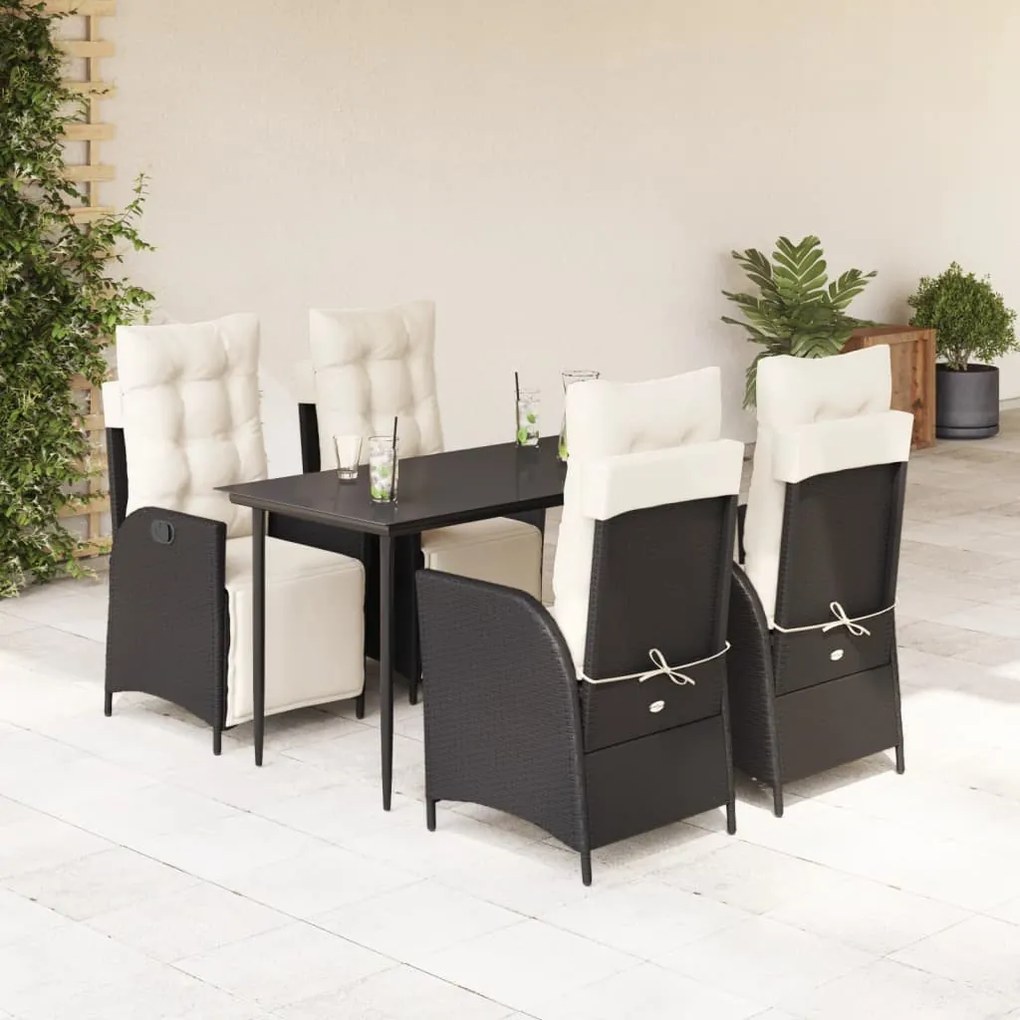 5 részes fekete polyrattan kerti étkezőgarnitúra párnákkal