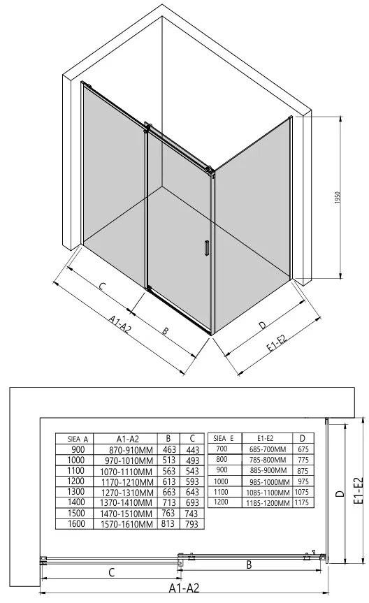 Erga Lynn, tolóajtós zuhanykabin 160 (ajtó) x 120 (fal) x 195 cm, 8mm szürke üveg, fekete profil, ERG-V02-LYNN-D160G120-GR-BK