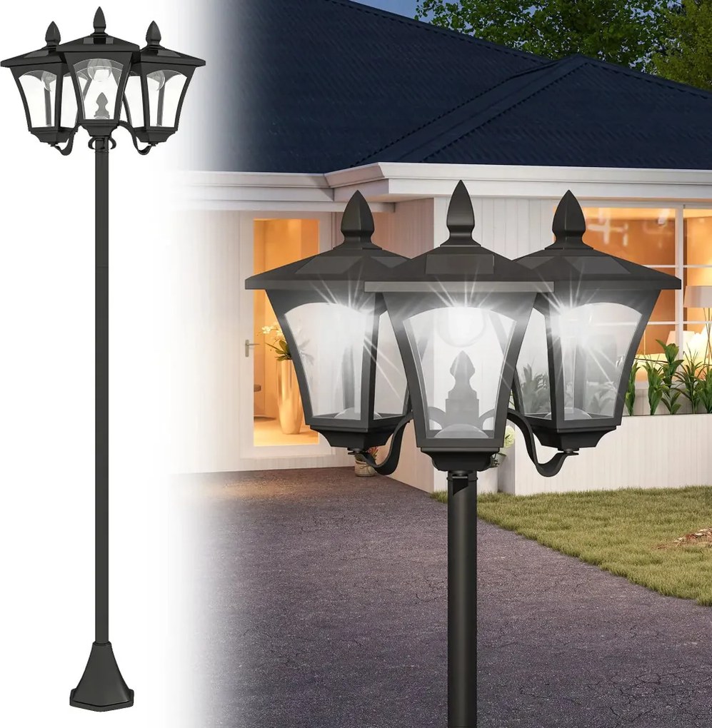 Outsunny napelemes kerti lámpa 3 izzóval, rozsdamentes acél rúddal, 120 lumenes LED, 51,5x47x182,5cm, fekete