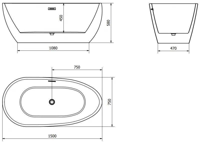 Mexen Eos, szabadon álló kád 150 x 75 cm, fehér-fekete, fekete matt túlfolyó, 52471507575-70
