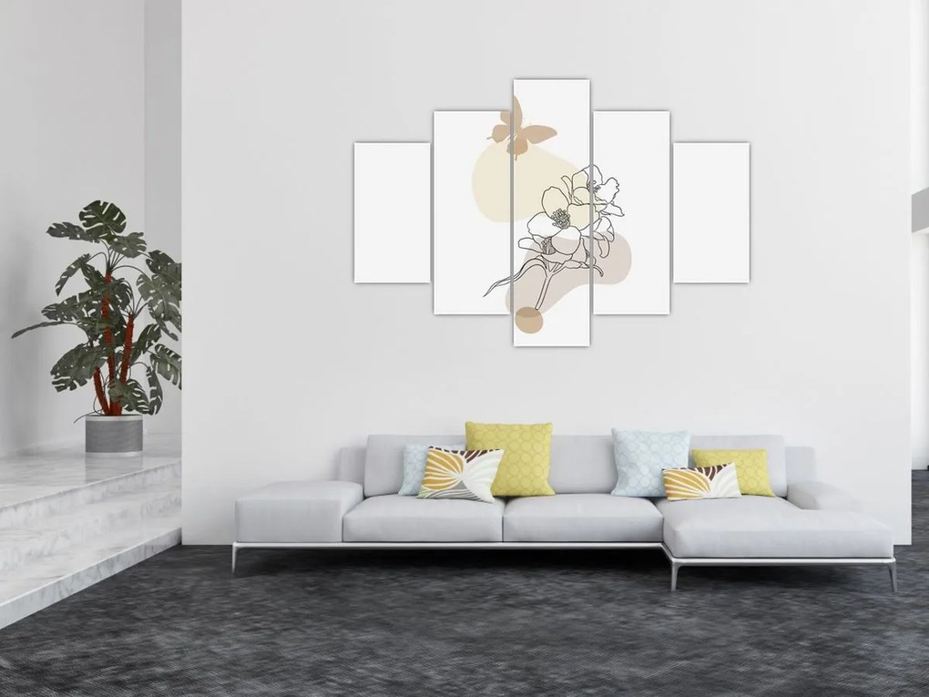 Kép - Bézs virágok pillangóval N⁰3 (150x105 cm)