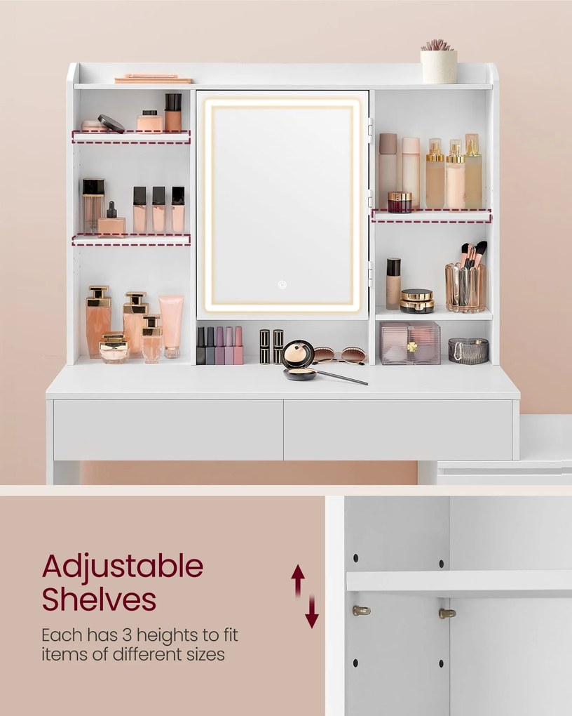 KAILYN Fésülködő asztal, LED világítású sminkasztal tükörrel és fiókokkal, felhőfehér