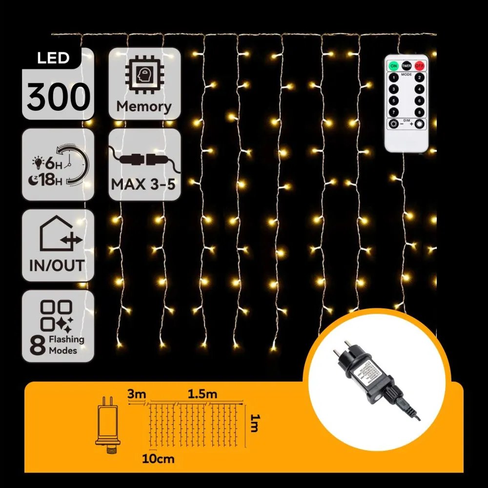Aigostar - LED kültéri karácsonyi fényfüzér 300xLED/6W/230V/8 üzemmód 3x1m IP44 meleg fehér+távirányító