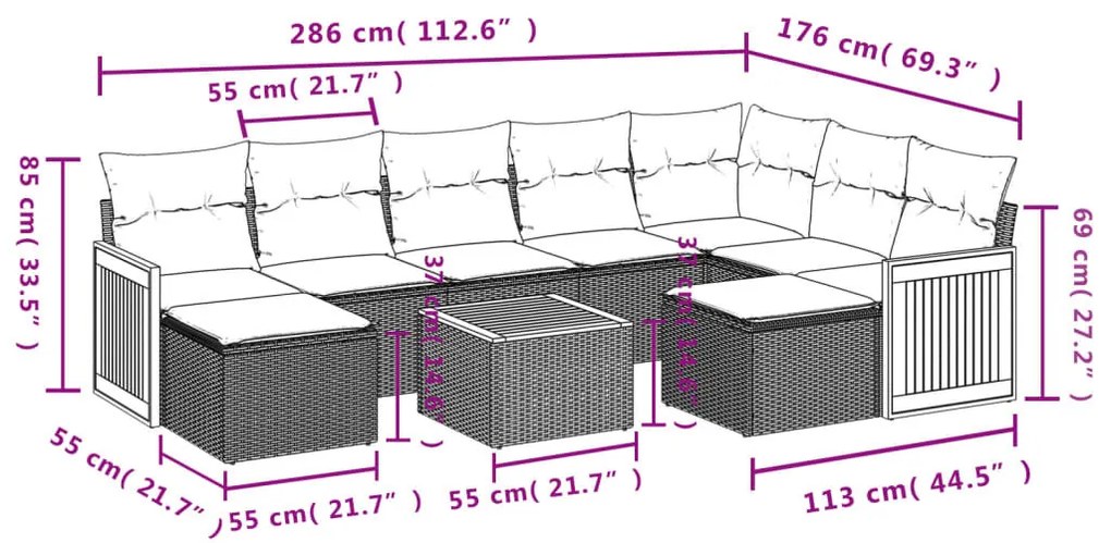 10 részes bézs polyrattan kerti ülőgarnitúra párnával